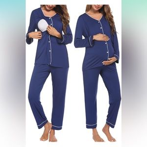 Maternity & Nursing Pajama Set - Navy Long Sleeve Button-Up
